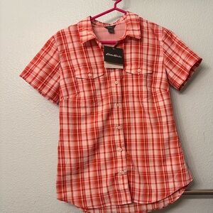 NWT Eddie Bauer Women's Adventurer Shirt Sz Small Pink Red Orange White Check